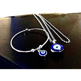                       Accessoo Evil Eye Bracelet And Pendant With Chain Combo. Natural Blue Evil Eye Pendant. Alloy, Bone, Stainless Steel Pendant Set                                              