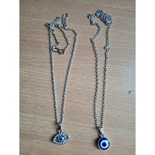                       Eit Collection Turkish Evil Eye Charm Pendant Chain For Women And Girls(Pack Of 2) Silver Onyx Alloy Pendant                                              