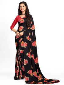 SVB Sarees Womens Black Colour Floral Georgette Printed Saree With Blouse