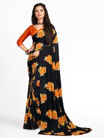 SVB Sarees Womens Black Colour Floral Georgette Printed Saree With Blouse