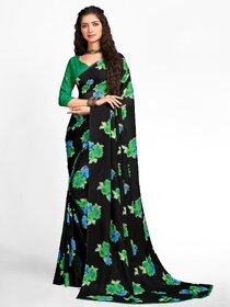 SVB Sarees Womens Black Colour Floral Georgette Printed Saree With Blouse