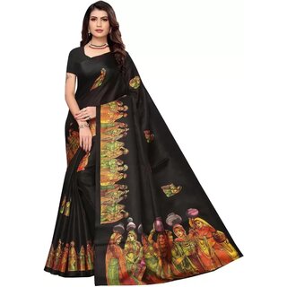                       SVB Sarees Womens Black Colour Khadi Silk Saree With Blouse                                              