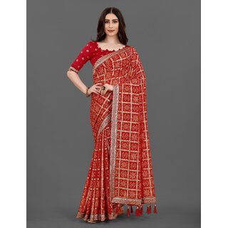 SVB Sarees Womens Red Colour Embellished Bandhani Saree SVB Sarees Womens Red Colour Embellished Bandhani Saree