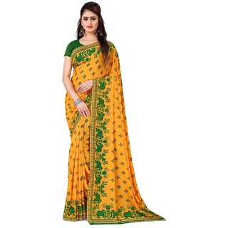                       SVB Sarees Womens Yellow And Green Colour Animal Printed Saree With Blouse Piece                                              