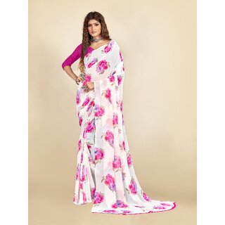                       SVB Sarees Womens Pink And White Colour Floral Printed Saree                                              