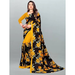                       SVB Sarees Womens Yellow Colour Floral Printed Georgette Saree With Blouse Piece                                              