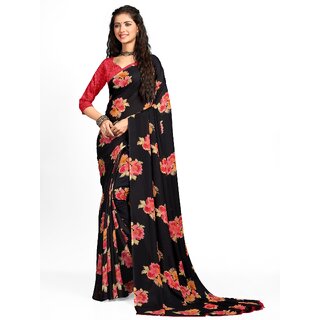                       SVB Sarees Womens Black Colour Floral Georgette Printed Saree With Blouse                                              