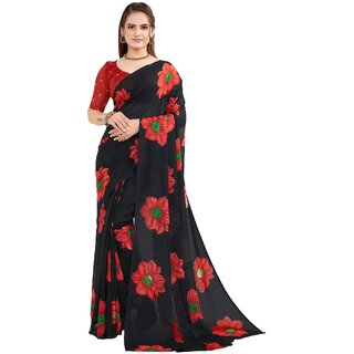 SVB Sarees Womens Black And Red Colour Floral Printed Georgette Saree