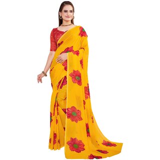                       SVB Sarees Womens Yellow And Red Colour Floral Printed Saree With Blouse Piece                                              
