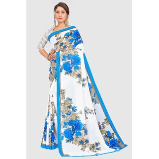 SVB Sarees Womens White And Blue Colour Floral Printed Georgette Saree SVB Sarees Womens White And Blue Colour Floral Printed Georgette Saree