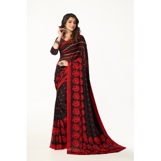 SVB Sarees Womens Black And Red Pure Georgette Printed Saree With Blouse Piece SVB Sarees Womens Black And Red Pure Georgette Printed Saree With Blouse Piece