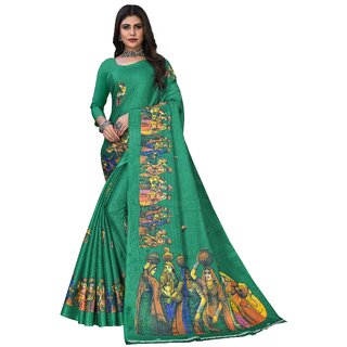 SVB Sarees Womens Green Animal Printed Art Silk Saree SVB Sarees Womens Green Animal Printed Art Silk Saree
