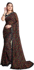 SVB Sarees Womens Black Colour Floral Printed Georgette Saree White Lace Border