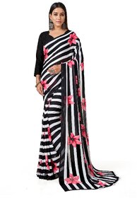 SVB Sarees Womens Black Colour Stripped Pure Georgette Flower Printed Saree With Blouse Piece