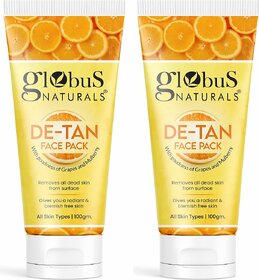 Globus Naturals De Tan Face Pack, with Grapes & Mulberry Tan Removal, Anti Pollution & Oil Control Formula, Chemical Free, Cruelty Free, Suitable For All Skin Types, 100 gm, Set of 2