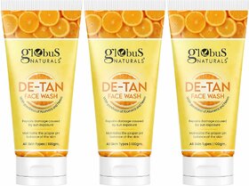Globus Naturals De Tan Face Wash, Enriched with Neem & Aloe Vera, Tan Removal, Anti Pollution & Oil Control Formula, Chemical Free, Cruelty Free, Suitable For All Skin Types, 100 ml, Set of 3