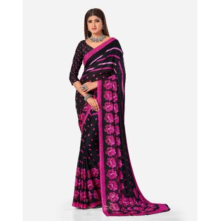                       SVB Sarees Womens Black And Pink Pure Georgette Printed Saree With Blouse Piece                                              
