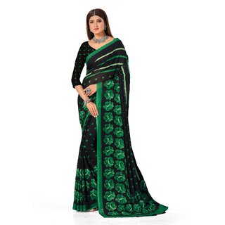 SVB Sarees Womens Black And Green Pure Georgette Printed Saree With Blouse Piece SVB Sarees Womens Black And Green Pure Georgette Printed Saree With Blouse Piece