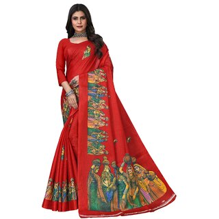                       SVB Sarees Womens Red Animal Printed Art Silk Saree                                              