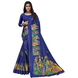 SVB Sarees Womens Blue Animal Printed Art Silk Saree SVB Sarees Womens Blue Animal Printed Art Silk Saree