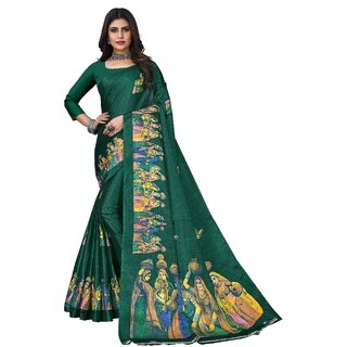                       SVB Sarees Womens Dark Green Animal Printed Art Silk Saree                                              