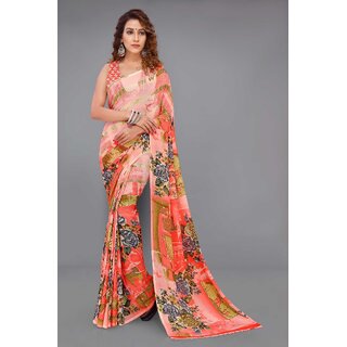                       SVB Sarees Womens Peach Colour Floral Printed Saree With Blouse Piece                                              