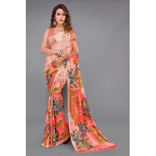 SVB Sarees Womens Peach Colour Floral Printed Saree With Blouse Piece SVB Sarees Womens Peach Colour Floral Printed Saree With Blouse Piece