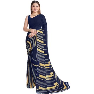                       SVB Sarees Womens Navy Blue Abstract Printed Georgette Saree With Blouse Piece                                              