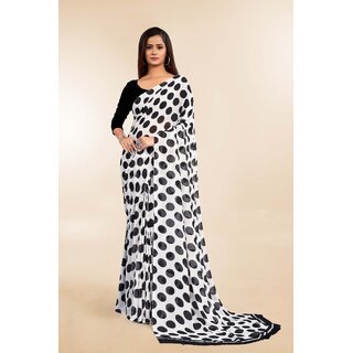                      SVB Sarees Womens White Colour Polka Dot Printed Saree With Blouse Piece                                              