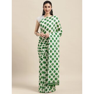 SVB Sarees Womens White And Green Colour Polka Dot Printed Saree With Blouse Piece SVB Sarees Womens White And Green Colour Polka Dot Printed Saree With Blouse Piece