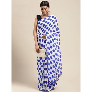                       SVB Sarees Womens White And Blue Colour Polka Dot Printed Saree With Blouse Piece                                              