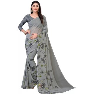                       SVB Sarees Womens Grey Colour Floral Printed Saree With Blouse Piece                                              