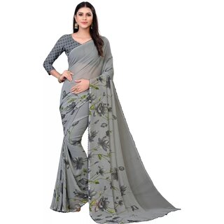 SVB Sarees Womens Grey Colour Floral Printed Saree With Blouse Piece SVB Sarees Womens Grey Colour Floral Printed Saree With Blouse Piece