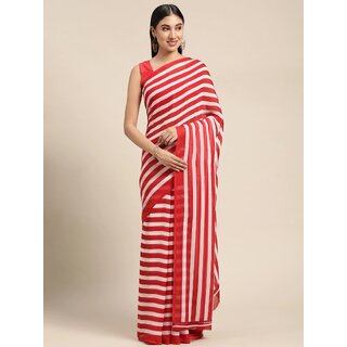                       SVB Sarees Womens Red Colour Stripped Pure Georgette Printed Saree With Blouse Piece                                              