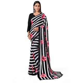 SVB Sarees Womens Black Colour Stripped Pure Georgette Flower Printed Saree With Blouse Piece