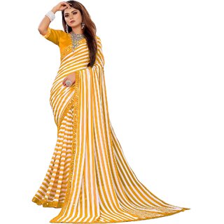 SVB Sarees Womens Yellow Colour Stripped Pure Georgette Printed Saree With Lace Border SVB Sarees Womens Yellow Colour Stripped Pure Georgette Printed Saree With Lace Border