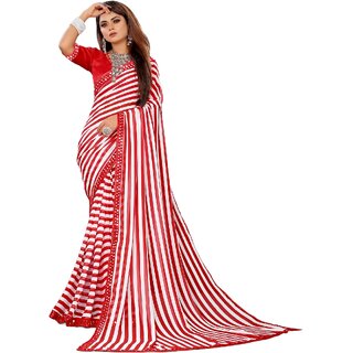                       SVB Sarees Womens Red Colour Stripped Pure Georgette Printed Saree With Lace Border                                              