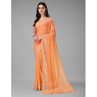                       SVB Sarees Womens Orange And Silver Tonned Pure Silk Saree                                              