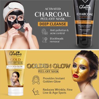                       Globus Naturals Activated Charcoal  Gold Peel Off Mask Enriched with VitaminE and Argan Oil Combo Pack For Removes Whiteheads and BlackheadsGolden Glow  Radiance 200 gm                                               