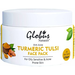                       Globus Naturals Turmeric Tulsi Anti Acne Face Pack  for fighting pimples & uncogging pores, with geru mitti, glycerine, SLS Free, Paraben free, Vegan Skincare-125g                                              