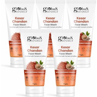                       Globus Naturals Kesar Chandan Skin Lightening & Tan Removal Face wash, For Natural Glow & Spotless Skin, Natural & Ayurvedic Formula, Chemical Free, Suitable For All Skin Types, 75 gm, Set of 5                                              