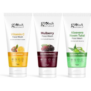                       GLOBUS NATURALS AntiAgeing  Oil Control Aloevera Mulberry  Vitamin C Face Combo wash 225 gm                                              