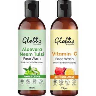                       GLOBUS NATURALS Aloe Vera Neem Tulsi Face Wash 75ml  Vitamin C Face Wash 75ml Combo Pack 150g                                              