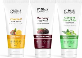 GLOBUS NATURALS AntiAgeing  Oil Control Aloevera Mulberry  Vitamin C Face wash 75gm, Pack of 3