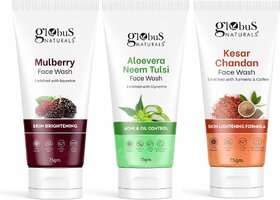 GLOBUS NATURALS Skin Brightening  Oil Control Aloevera Mulberry  Kesar Chandan Face wash 50gm Set of 3