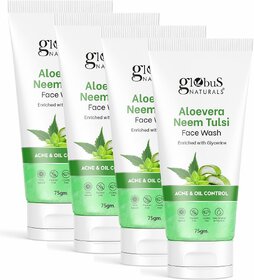 Globus Naturals Aloe vera Neem Tulsi Enriched With Glycerin & Oil Control Formula Men & Women All Skin Types Face Wash 75gm, Set of 5