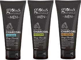 GLOBUS NATURALS Charcoal Anti-Pollution Face Care Combo For Men, Face Wash, Scrub, Peel Off Mask 300g