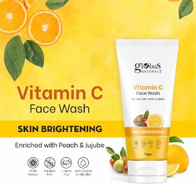 Globus Naturals Anti-Ageing Skin Brightening Vitamin C Face Wash, Enriched with Peach & Jujube, Skin Illuminating & Tan Removal Formula, For All Skin Types, Both Men & Women (75 g)