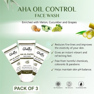                       GLOBUS NATURALS AHA Oil Control Face Wash With Melon Cucumber & Grapes 100ml  (Pack of 3) 300ml                                              