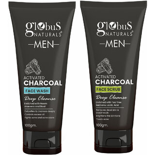                       GLOBUS NATURALS Charcoal Anti-Pollution Face Care Combo For Men Set of 2 Face Wash, Face Scrub 200g                                              